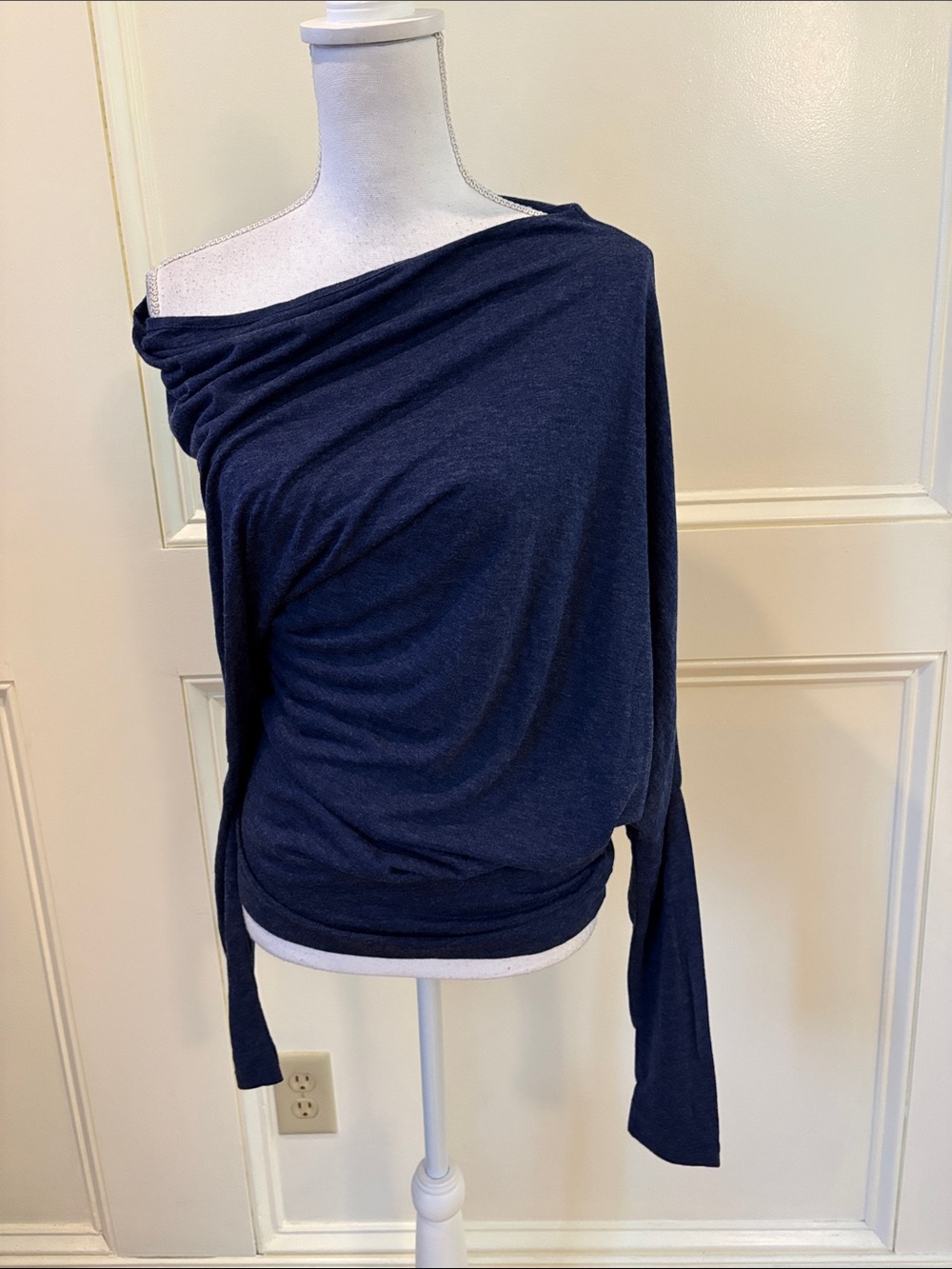 Reiss Navy Off-Shoulder Draped Knit Sweater